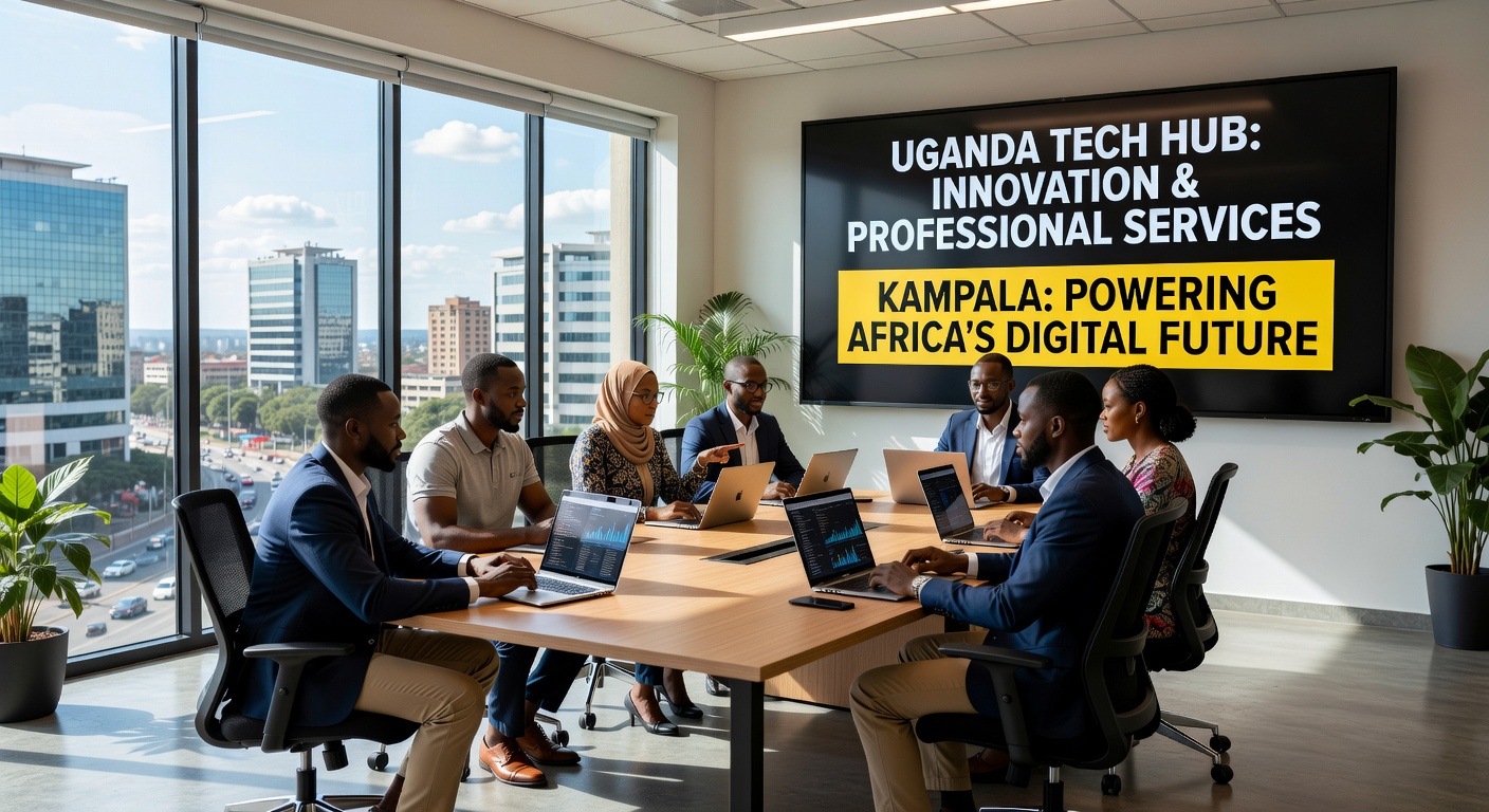 Young Ugandan professionals collaborating in a modern Kampala office