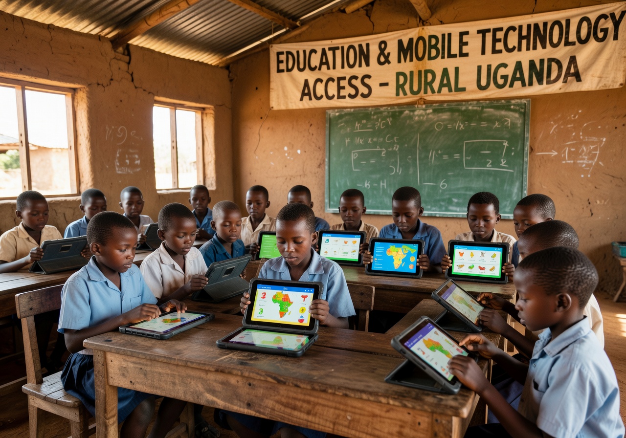 Happy Ugandan school children learning together in a bright classroom
