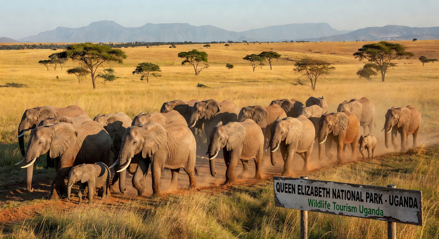 Herd of African elephants walking across Uganda's golden savannah