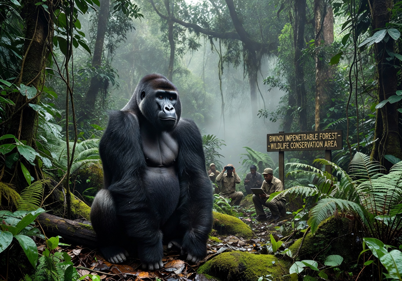 Mountain gorilla resting in Bwindi Impenetrable Forest Uganda