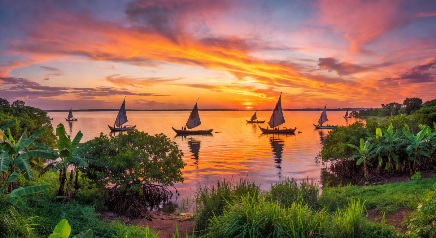 Spectacular orange sunset reflecting on the calm waters of Lake Victoria