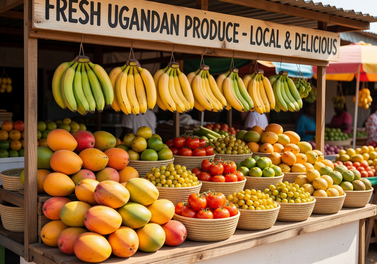 Colourful array of fresh tropical fruits at a Ugandan market stall