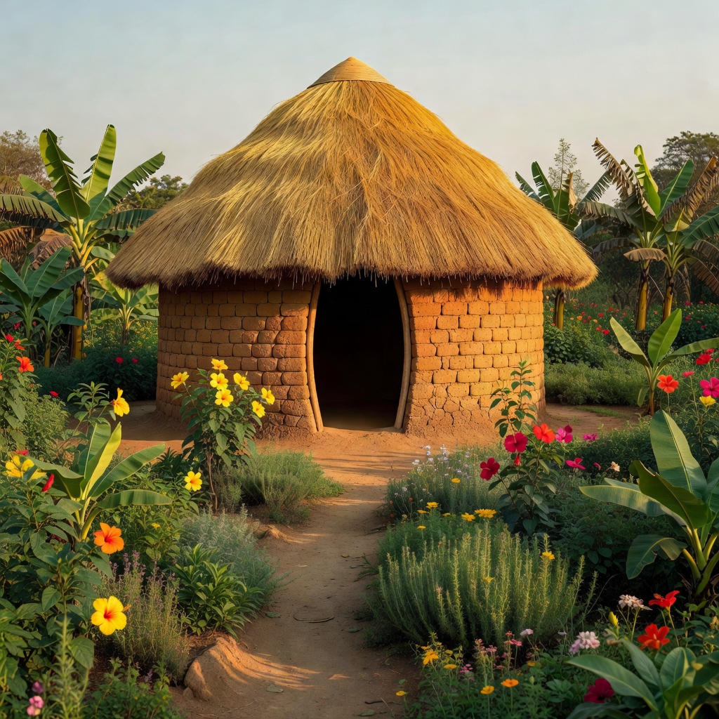 Traditional Ugandan homestead with thatched roof hut and lush gardens